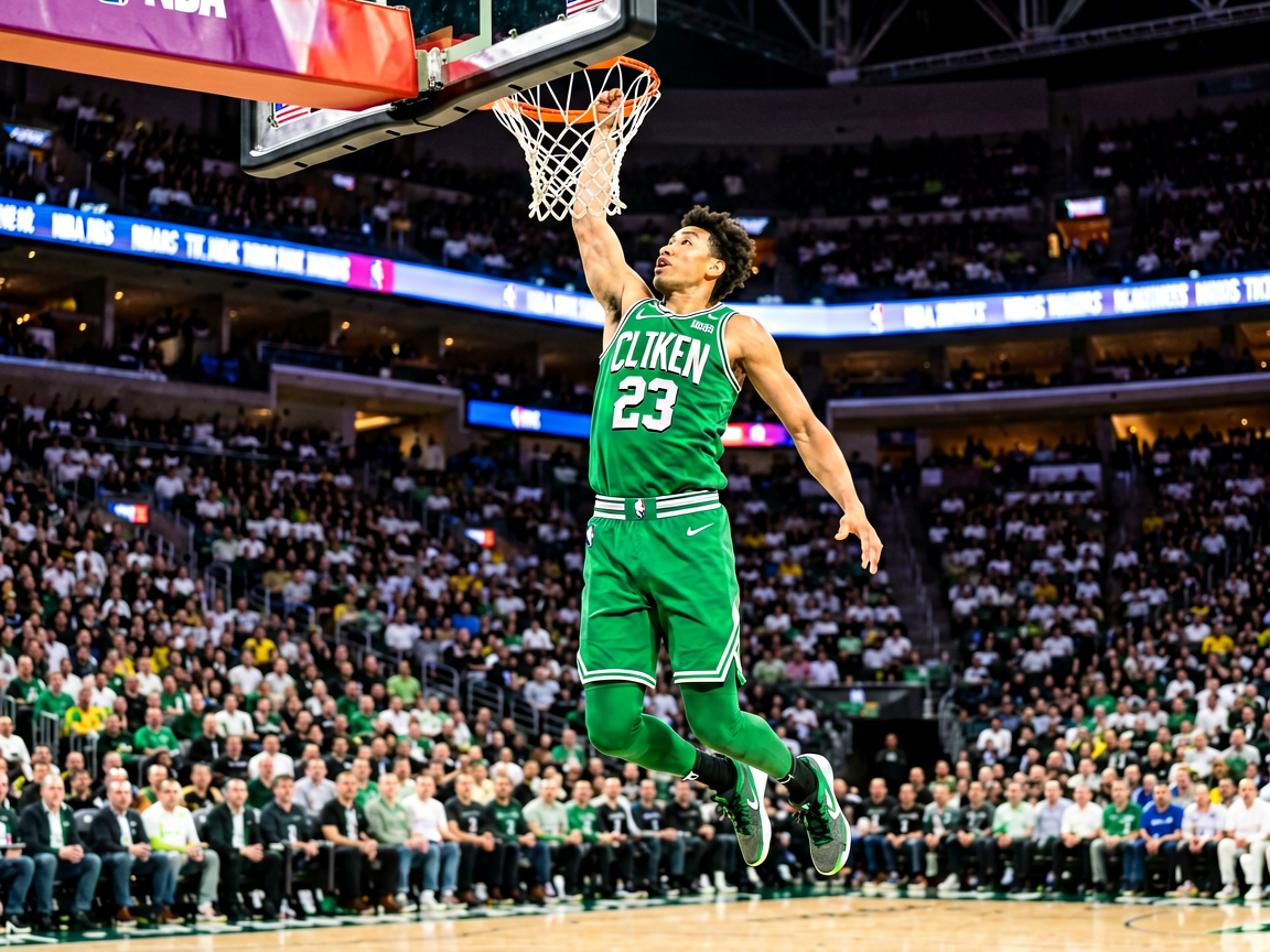 NBA比赛中球员高高跃起完成扣篮的精彩瞬间